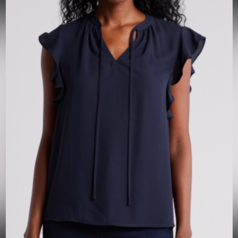 Short Sleeve Navy Top with Ruffles- Size Large